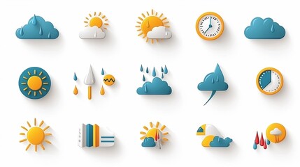 Poster - Vibrant and Stylized Icon Set Depicting Weather Elements Such as Rain Sunshine Fog and Temperature in a Contemporary Minimalist Design for Digital Applications and User Interfaces