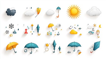 Aufkleber - Colorful and Vibrant Weather Icon Set Featuring of Sun Rays Snowflakes Umbrellas and Various Cloud Formations Designed for Weather Forecasting Climate and Environmental Applications