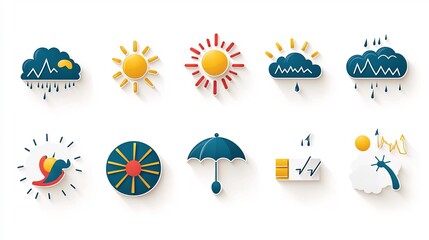 Aufkleber - Comprehensive set of bold and colorful weather icons including rain sun cloud and wind symbols designed for clear and intuitive weather displays across digital platforms