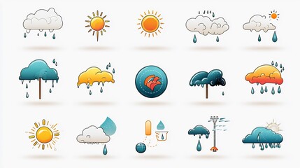 Fototapete - Colorful and Easy to Understand Weather Icons in a Style for Digital Interfaces Apps and Data Visualizations