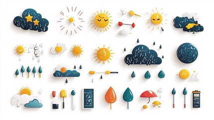 Fototapete - Vibrant collection of weather related icons including sunny rainy stormy and snowy symbols in a clean style  Ideal for digital applications weather forecast climate information