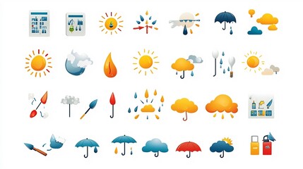 Aufkleber - Vibrant and Visually Appealing Weather Icon Set Featuring Sunny Rainy Stormy and Snowy Symbols in a Stylized Graphic Design