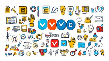 Poster - Vibrant icon set designed to visually represent the process of decision making featuring elements such as yesno buttons hand gestures and highlighted options in a modern flat format