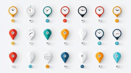 Aufkleber - Colorful set of icons featuring modern symbols for location time and date such as map pins clocks and calendars  These graphic design elements can be used for infographics user interfaces