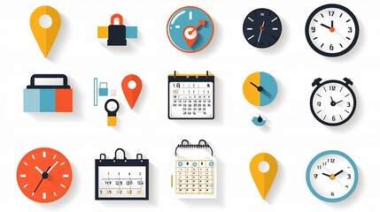 Aufkleber - Colorful icons collection featuring location pins clocks and calendar pages ideal for themes related to scheduling time management and navigation
