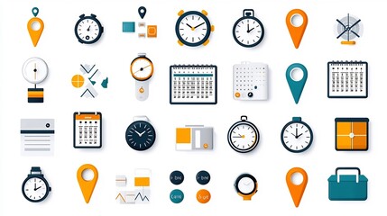 Leinwandbilder - Vibrant and modern icon set featuring symbols and elements related to location time and date such as map markers wristwatches and event calendars in a minimalist flat style