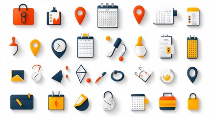 Leinwandbilder - A set of colorful icons representing various location time and date related concepts such as map pins hourglasses and monthly planners