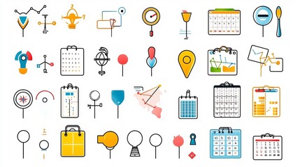 Aufkleber - Set of vibrant icons representing key concepts related to location time and date management such as map pins hourglasses and monthly planners