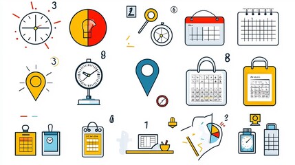 Leinwandbilder - Vibrant icon set featuring a collection of location time and date symbols such as map pointers desk clocks and marked calendar dates  Designed for use in digital interfaces apps