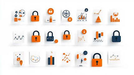 Poster - Comprehensive set of 64x64 pixel perfect icons with editable stroke featuring a variety of risk management symbols such as secure locks exclamation signs and analytics graphs