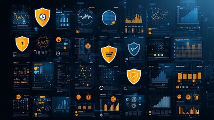Aufkleber - Pixel perfect Icons for Risk Management Featuring Shields Alert Symbols and Statistical Charts for Data Visualization Business Analytics and Security Applications