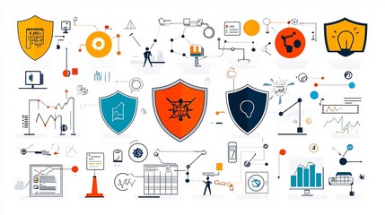 Poster - Detailed line icons in 64x64 pixel perfect style with editable stroke covering essential risk management concepts like shields data analysis tools