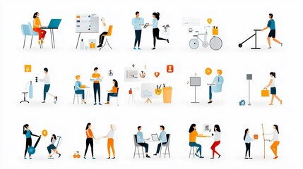 Poster - Set of diverse and inclusive icon featuring individuals engaged in various activities such as working exercising socializing and more with a clean and minimalist design style