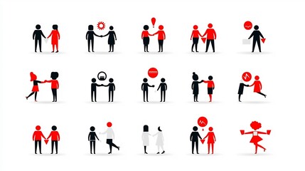 Leinwandbilder - icon collection depicting a diverse group of individuals in various collaborative poses and actions symbolizing teamwork leadership and in a modern business or workplace setting