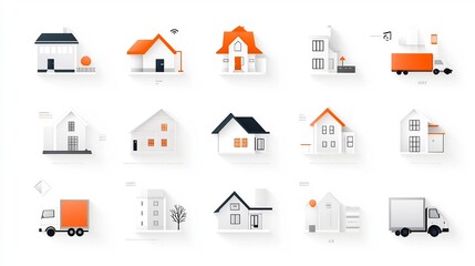 Fototapete - Comprehensive Icon Collection Covering Home Residential and Moving Related Imagery in a Clean Simple Aesthetic