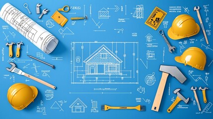 Poster - Comprehensive set of icons representing the essential elements of home construction and renovation projects including architectural blueprints tools and under construction signs