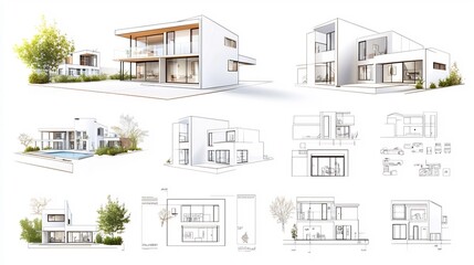 Fototapete - Set of contemporary and minimalist icons depicting various residential and commercial property types including duplexes townhouses and villas