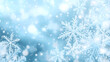 © olenap - Winter card with white frosty snowflake on blue bokeh background. Magical macro snow backdrop. Holiday celebration greeting card for Christmas New Year. Xmas banner. Winter season concept