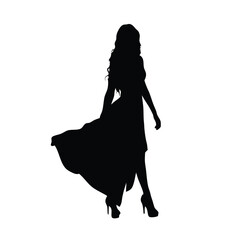 Wall Mural - A woman in a long dress is walking on a white background. She is wearing high heels