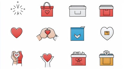 Poster - Icons Depicting Acts of Charity and Donation Including Helping Hand Holding Heart Donation Boxes on a Clean White Background  Concept of Volunteering Altruism Community Support and Humanitarian Aid