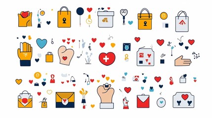 Poster - A collection of icons symbolizing charity events including hands holding hearts giving hands and donation boxes on a white background  These graphic elements represent the concepts of volunteer work