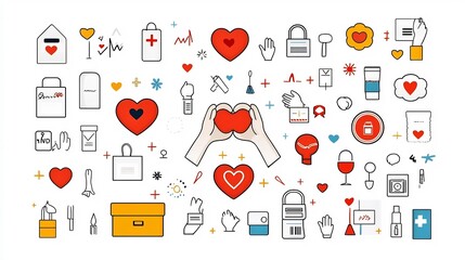 Poster - A collection of icons representing charity events including hands holding hearts giving hands and donation boxes on a clean white background