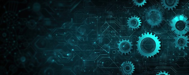 Abstract Digital Technology Background with Turquoise Gears and Circuitry