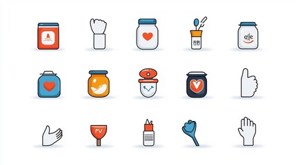 Poster - Collection of charity themed icons showcasing donation jars supportive gestures and care symbols in a flat subtle color style  Designed to represent the concepts of fundraising volunteering