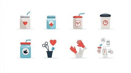 Poster - Collection of charity themed icons depicting donation jars supportive gestures and care symbols in a flat style with subtle colors  Ideal for use in nonprofit volunteering