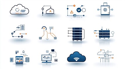Fototapete - Set of abstract and modern graphic icons representing secure cloud network concepts like global server connections data access