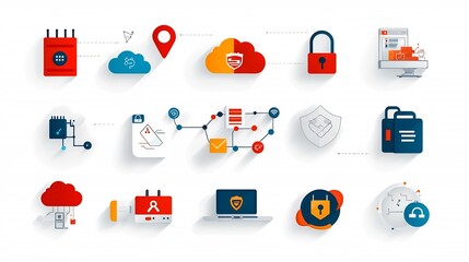 Aufkleber - Minimalist icons showcasing cloud network security concepts like firewall encrypted data and multi layer protection in a clean abstract design style