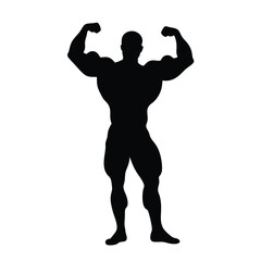 Wall Mural - A man with a muscular build is standing in a black and white photo. He is flexing his biceps and is wearing a black shirt