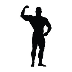 Wall Mural - A man with a muscular build is standing in a black and white photo. He is flexing his biceps and is wearing a black shirt