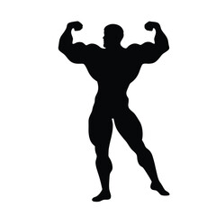 Wall Mural - A man with a muscular build is standing in a black and white photo. He is flexing his biceps and is wearing a black shirt