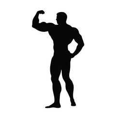 Wall Mural - A man with a muscular build is standing in a black and white photo. He is flexing his biceps and is wearing a black shirt