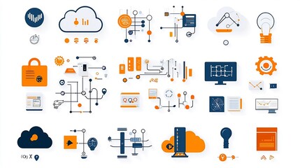 Leinwandbilder - icon set depicting cloud computing with network architecture symbols data transfer and scalable cloud services in a sleek tech themed digital style