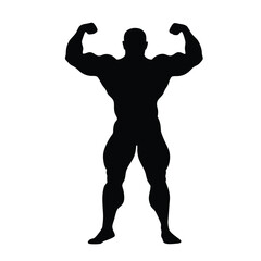Wall Mural - A man with a muscular build is standing in a black and white photo. He is flexing his biceps and is wearing a black shirt
