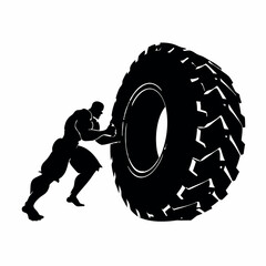Wall Mural - A man is lifting a tire. The tire is black and white. The man is wearing shorts