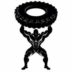 Wall Mural - A man is lifting a tire. The tire is black and white. The man is wearing shorts