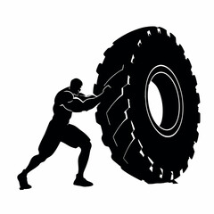 Wall Mural - A man is lifting a tire. The tire is black and white. The man is wearing shorts