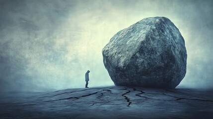 A lone individual stands before a gigantic boulder, symbolizing overwhelming stress and existential dread, set against a desolate, cracked ground in a surreal atmosphere