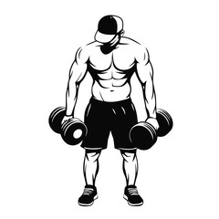Wall Mural - A man is lifting weights. He is holding two dumbbells in each hand. He is wearing a black hat