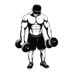 Wall Mural - A man is lifting weights. He is holding two dumbbells in each hand. He is wearing a black hat