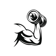 Wall Mural - A black and white illustration of a man lifting a dumbbell. The dumbbell is in the middle of the photo and is the main focus