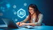 © NRdS - A young woman sits at a desk, smiling and interacting with her laptop while wearing headphones. Floating in front of her, digital icons representing artificial intelligence (AI) functions, such as tex