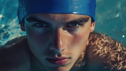 Wall Mural - A close-up view of a swimmer's face and body in a swimming pool