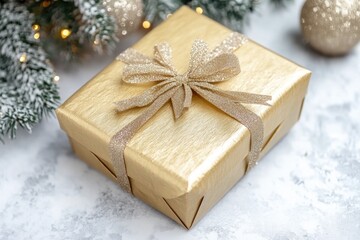 Canvas Print - A beautifully wrapped gold gift box with a red bow, placed in front of a decorated Christmas tree