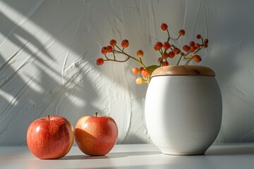 Sticker - A simple still life setup featuring two apples and a decorative vase on a table