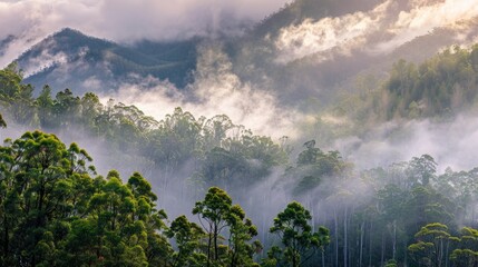 Wall Mural - Mountain landscape with trees in the foreground, suitable for use as a background or for outdoor-themed projects