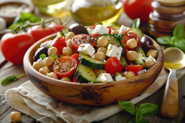 Sticker - A wooden bowl filled with various colorful vegetables, perfect for still life photography or kitchen scene